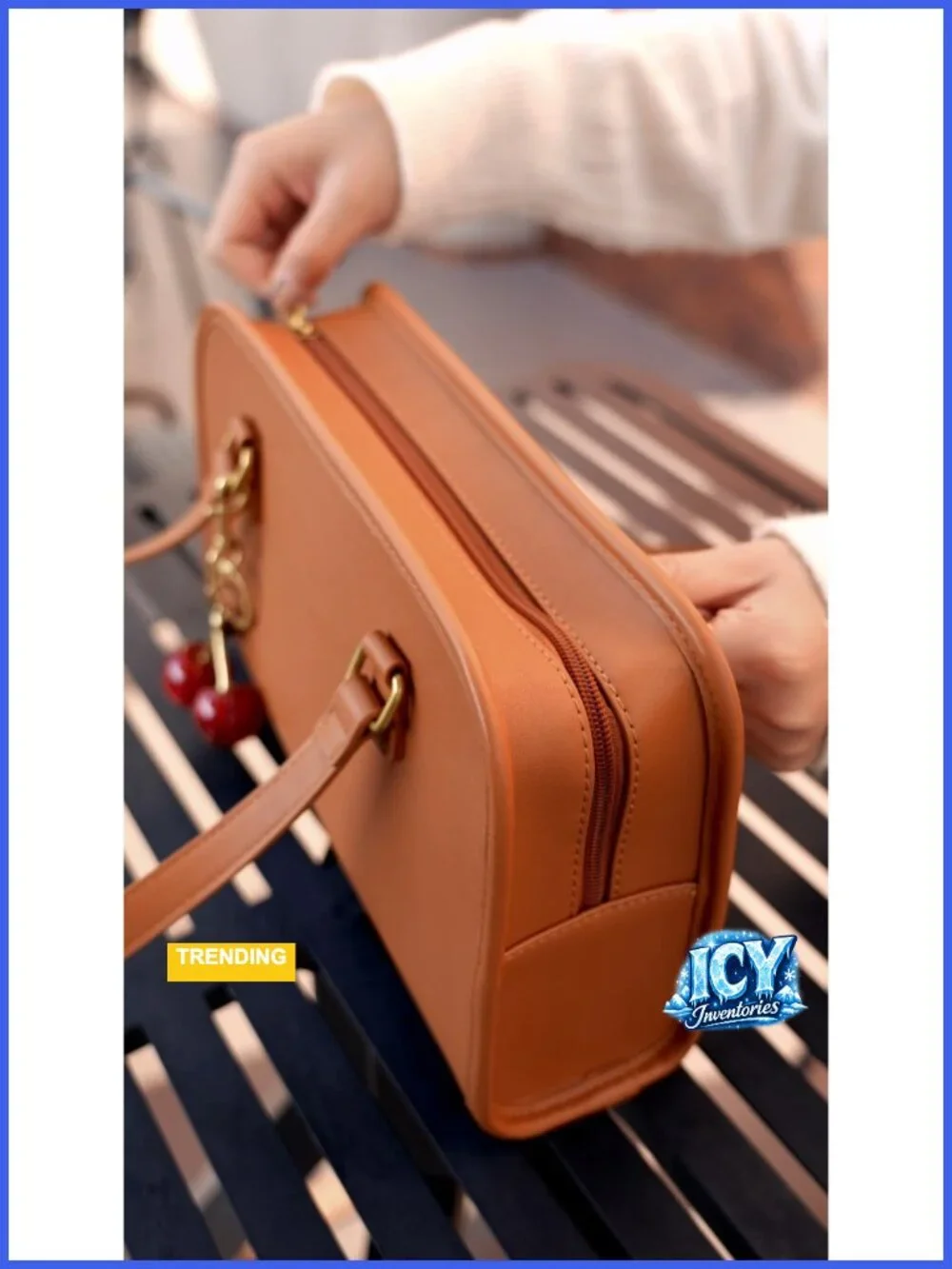 Vegan Leather Cherry Charm Shoulder Bag Gold Hardware Medium Structured Handbag
